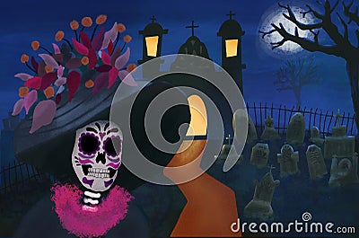 Day of the dead celebration: Catrina Skeleton in front of a Church in a cemetery Stock Photo