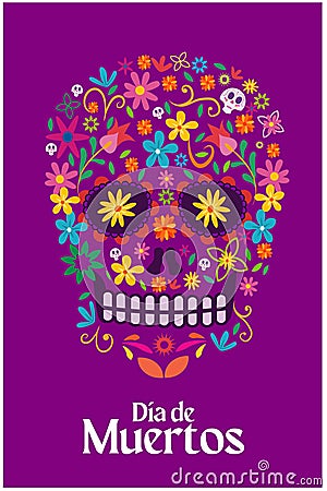 Day of the dead celebration - Skull made with flowers, text in Spanish: Day of the dead Vector Illustration
