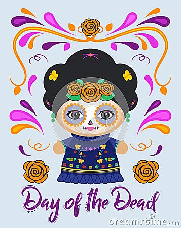 Day of the Dead Classic Mexican Catrina Doll and ornaments vector illustration. Vector Illustration