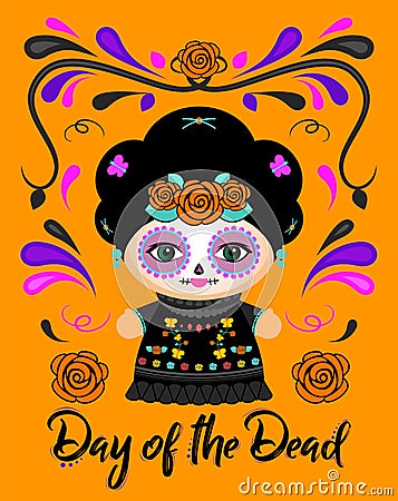 Day of the Dead Classic Mexican Catrina Doll and ornaments vector illustration. Vector Illustration