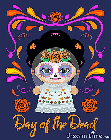 Day of the Dead Classic Mexican Catrina Doll and ornaments vector illustration. Vector Illustration