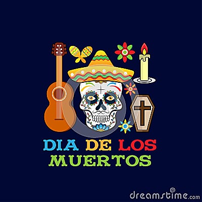 Day of the dead, Dia de los moertos, banner with colorful Mexican flowers. Fiesta, holiday poster, party flyer, funny greeting car Vector Illustration