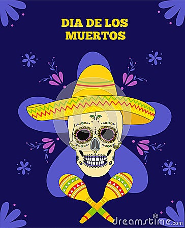 Day of the dead, Dia de los moertos, banner with colorful Mexican flowers. Vector skeleton skul Vector Illustration