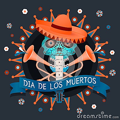 Day of the dead, Dia de los moertos. Banner with a skull, guitar, trumpets and flowers. Cartoon Illustration