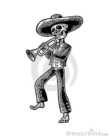 Day of the Dead, Dia de los Muertos. The skeleton in the Mexican national costumes dance and play the trumpet. Vector Illustration