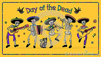 Day of the Dead Dia de los Muertos . The Skeleton Musicians. Mariachi Band. Vector Illustration