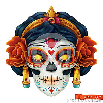 Day of the dead. Dia de los muertos. Skull, woman 3d vector icon Vector Illustration