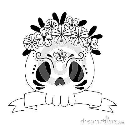 Day of the dead, floral skull flowers and ribbon mexican celebration line style Vector Illustration