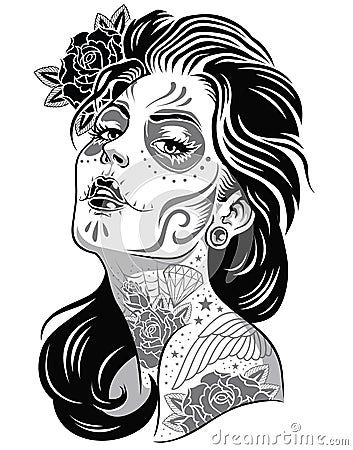 Day of dead girl black and white illustration Vector Illustration