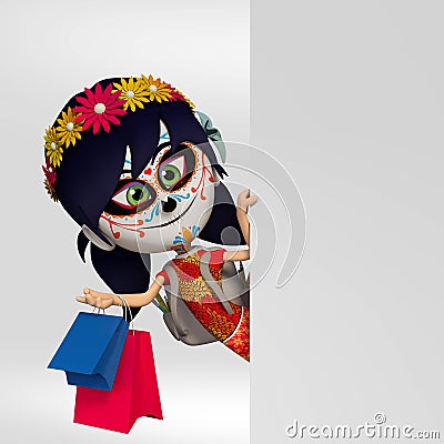 Day of the Dead, girl costumed shopping. 3d cartoon Stock Photo