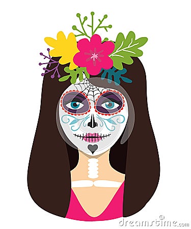 Day of the dead girl vector illustration. Dead skull female face Woman Vector Illustration