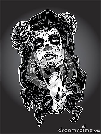 Day of the Dead woman with Sugar Skull Face Paint Vector Illustration