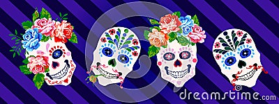 Day of the dead, Halloween, Dia de los muertos horizontal banner floral colorful skull, pattern design background Vector Illustration