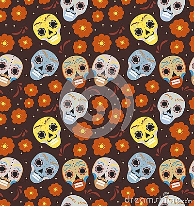 Day of the dead holiday in Mexico seamless pattern with sugar skulls. Skeleton endless background. Dia de Muertos Vector Illustration