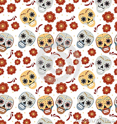 Day of the dead holiday in Mexico seamless pattern with sugar skulls. Skeleton endless background. Dia de Muertos Vector Illustration