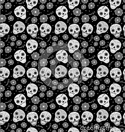 Day of the dead holiday in Mexico seamless pattern with sugar skulls. Skeleton endless background. Dia de Muertos Vector Illustration