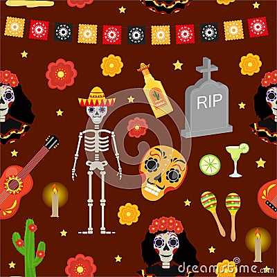 Day of the dead holiday in Mexico seamless pattern with sugar skulls. Vector Illustration