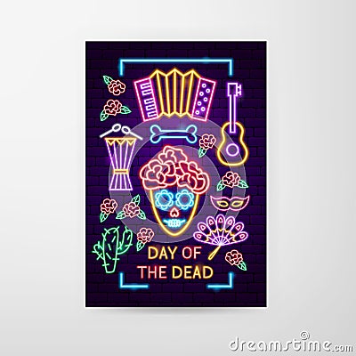 Day of the Dead Holiday Neon Flyer Vector Illustration