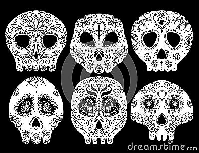 Day of the dead illustration skull. Vector illustration set. Tattoo skeleton. Cartoon Illustration