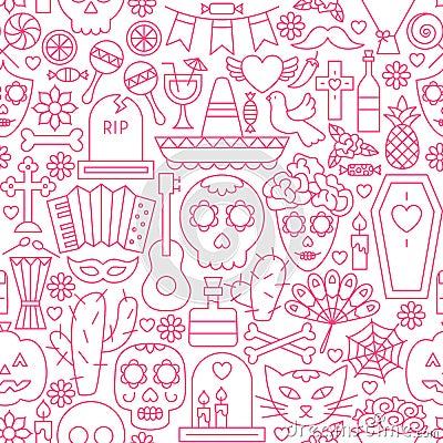 Day of the Dead Line Seamless Pattern Vector Illustration