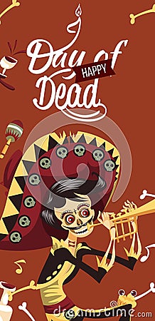 Day of the Dead man skeleton playing on trumpet poster Vector Illustration