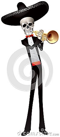 Day of the Dead Mariachi Band Trumpeter Skeleton Vector Illustration