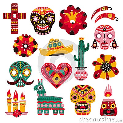 Day of dead. Mexican holiday elements, decorative skull mask, candle and flower. Sombrero, llama and cactus. Dia de Vector Illustration