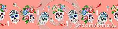 Day of the dead, Mexican holiday halloween party border banner design. Dia de los muertos seamless background Vector Illustration