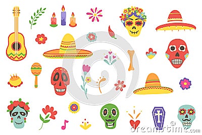 Day of the Dead mexican icons big set. Skull symbol. Dia de los Muertos hand drawn design elements. Cinco de Mayo. Death Vector Illustration