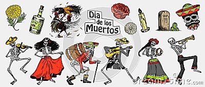 Day of the dead. Mexican national holiday. Original inscription in Spanish Dia de los Muertos. Skeletons in costumes Vector Illustration