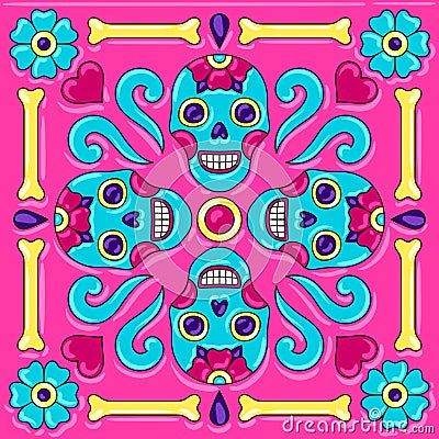 Day of the Dead mexican talavera ceramic tile pattern. Vector Illustration