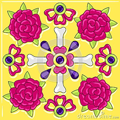 Day of the Dead mexican talavera ceramic tile pattern. Vector Illustration