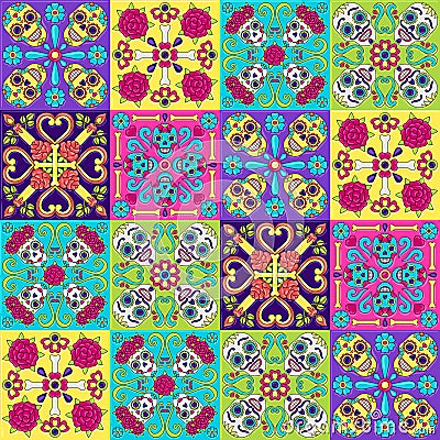 Day of the Dead mexican talavera ceramic tile pattern. Vector Illustration