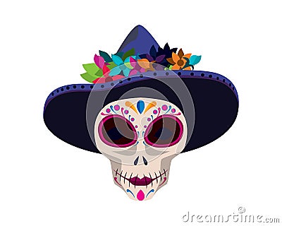 Day of the Dead Mexico Symbol with Ornamental Skull and Hat Illustration Vector Illustration