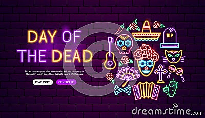 Day of the Dead Neon Banner Design Vector Illustration