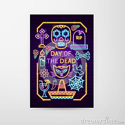 Day of the Dead Neon Flyer Vector Illustration
