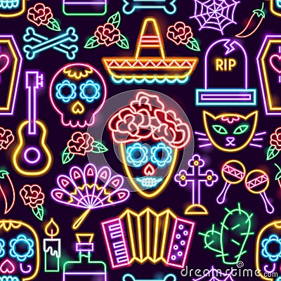Day of the Dead Neon Seamless Pattern Vector Illustration