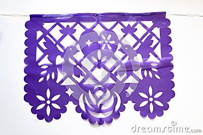 Day of the Dead, Papel Picado with birds, purple traditional Mexican paper cutting flag. Stock Photo