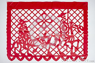 Day of the Dead, Papel Picado. Red Real traditional Mexican paper cutting flag. Isolated on white background Stock Photo