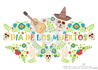 Day of the dead poster, Mexican dia de los muertos sugar skull holiday illustration. Cartoon Illustration