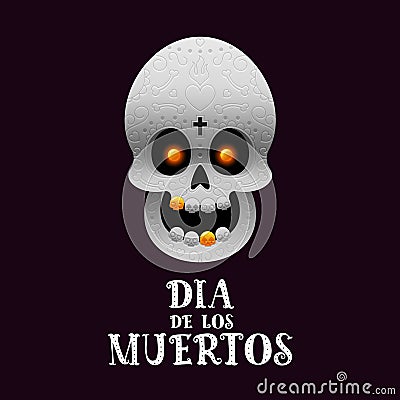 Day of the dead poster with skull on dark background Vector Illustration