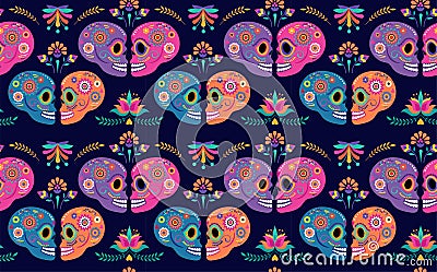 Day of the dead seamless pattern and background with colorful skulls and Mexican traditional flowers, Dia de los muertos Vector Illustration