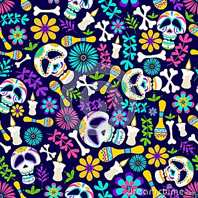 Day of the dead seamless pattern with candles, flowers, skeleton etc. Cheerful dia de los muertos card in cartoon style. Mexican Vector Illustration