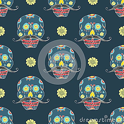 Day of the Dead seamless pattern, handdrawn sugar skulls Vector Illustration