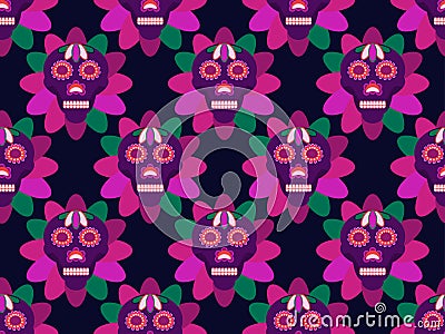 Day of the dead seamless pattern, skulls with flowers in a flat style. Mexican holiday. Vector Vector Illustration