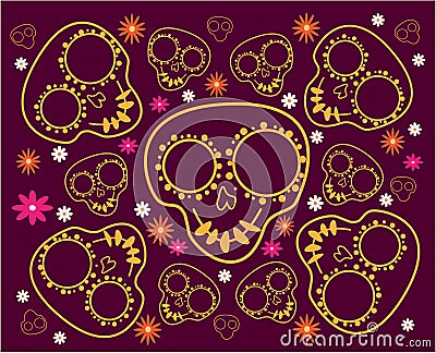 Day of the Dead. Seamless pattern with sugar skulls and flowers Vector Illustration