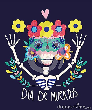 Day of the dead, skeleton with skull flowers decoration traditional celebration mexican Vector Illustration