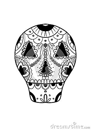 Day of the dead skull mask with ornaments. Black and white hand drawn illustration for coloring book. Cartoon Illustration