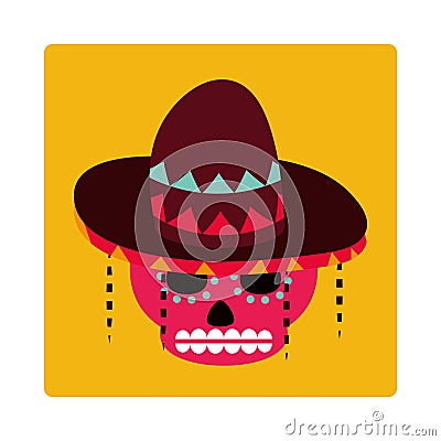 Day of the dead, sugar skull flowers and hat decoration, mexican celebration icon block and flat Vector Illustration