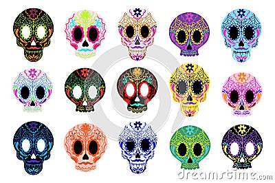 Day of the Dead sugar skulls set. Dia de los muertos mexican Halloween. Vector Vector Illustration
